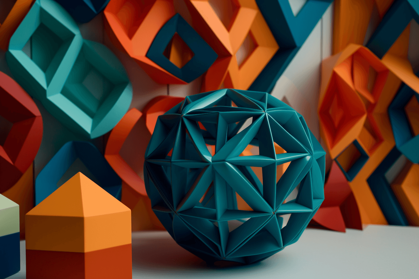 A wallpaper with a simple graphic of a 3D-printed object, against a background of geometric shapes in complementary colors.