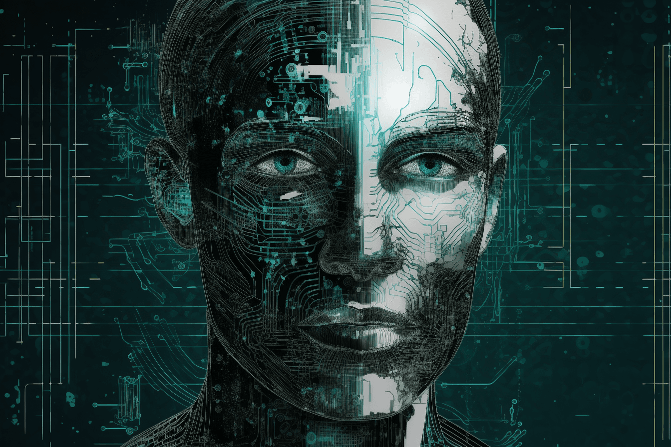 A wallpaper with a simple graphic of a cyborg's face, against a background of digital noise and static.