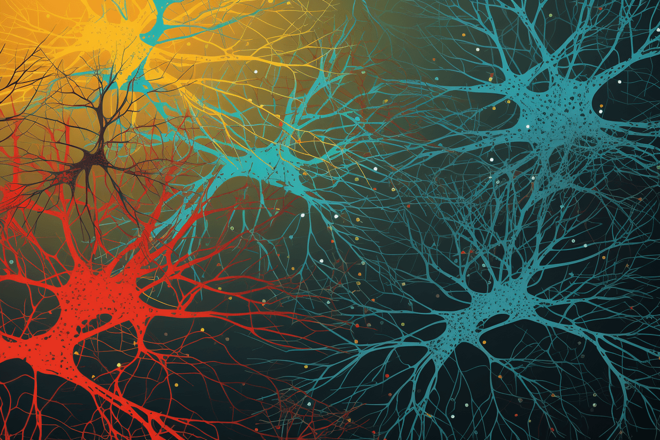 A wallpaper with a simple graphic of a neural network, against a background of complementary colors.