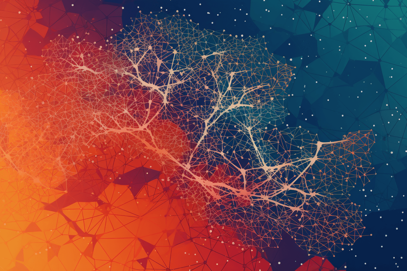 A wallpaper with a simple graphic of a neural network, against a background of complementary colors.