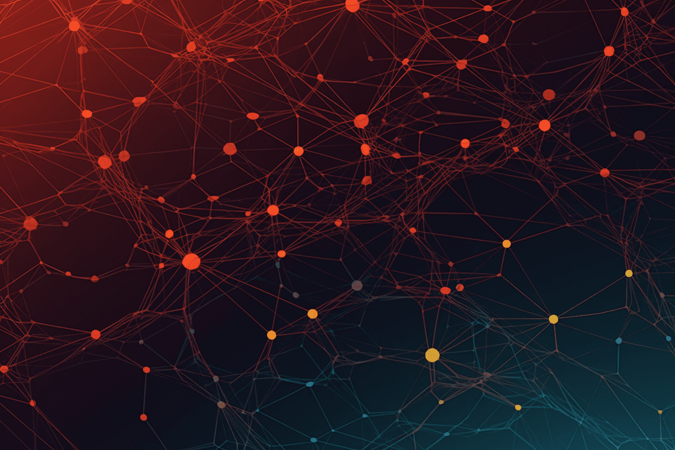 A wallpaper with a simple graphic of a neural network, against a background of complementary colors.