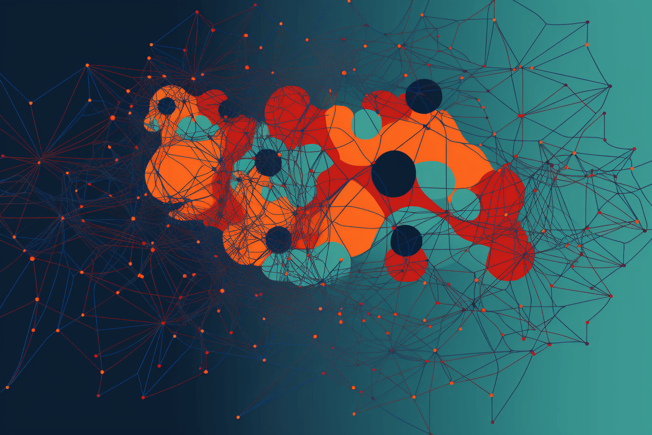 A wallpaper with a simple graphic of a neural network, against a background of complementary colors.