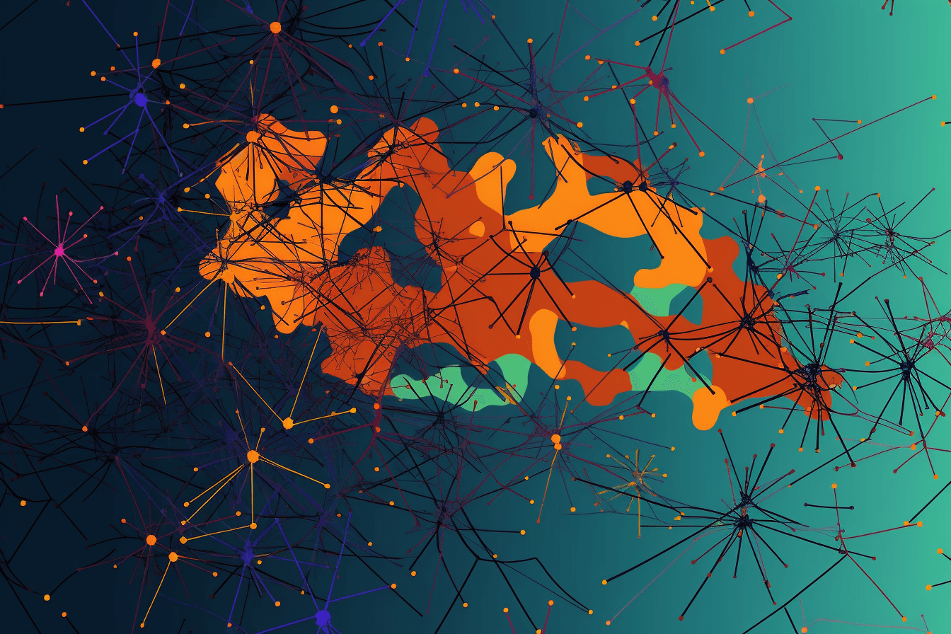 A wallpaper with a simple graphic of a neural network, against a background of complementary colors.