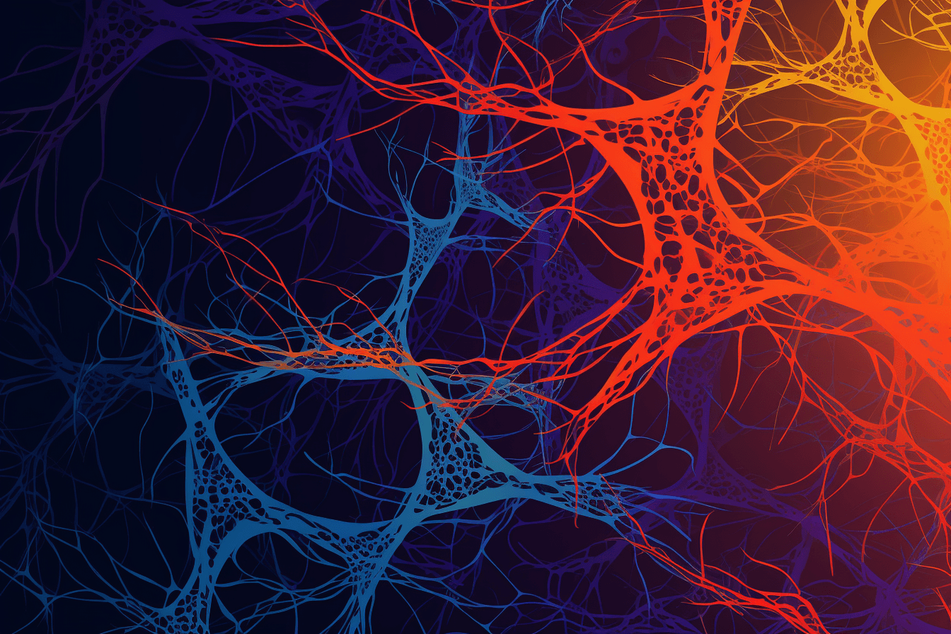 A wallpaper with a simple graphic of a neural network, against a background of complementary colors.