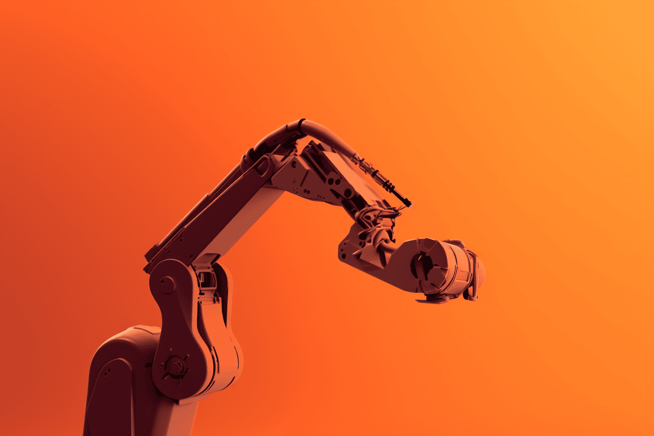 A wallpaper with a simple graphic of a robot arm, against a gradient background of two complementary colors.