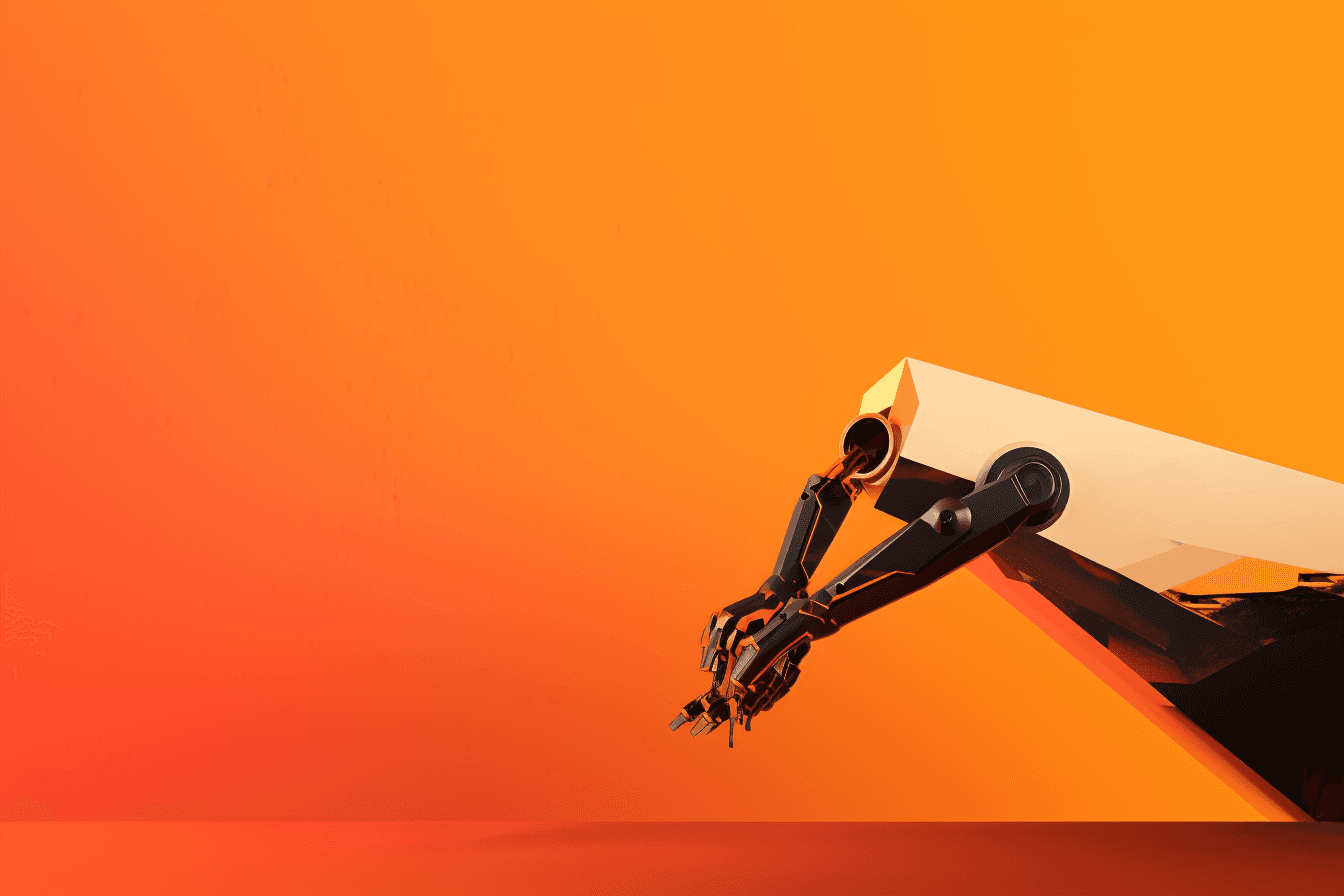 A wallpaper with a simple graphic of a robot arm, against a gradient background of two complementary colors.