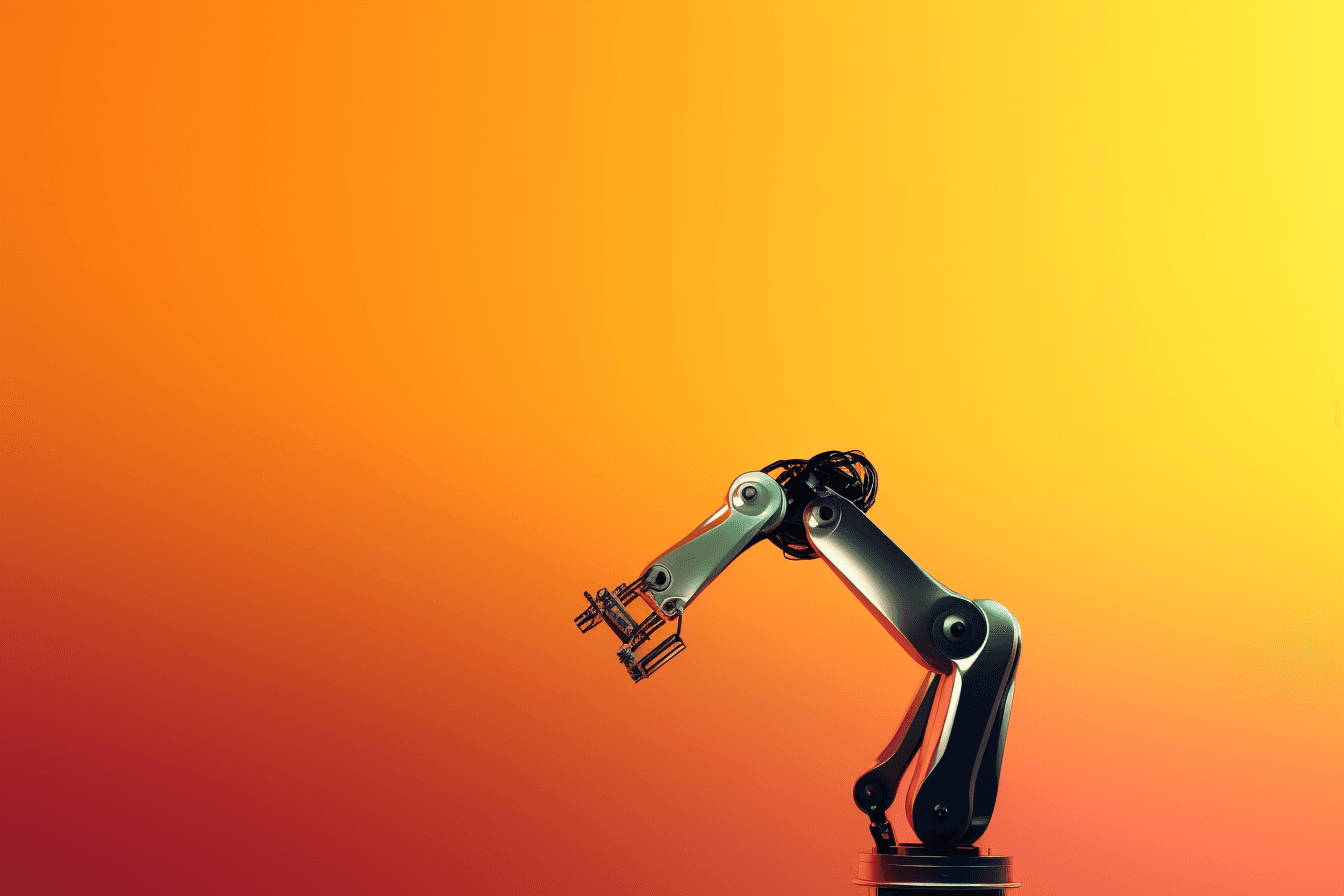 A wallpaper with a simple graphic of a robot arm, against a gradient background of two complementary colors.