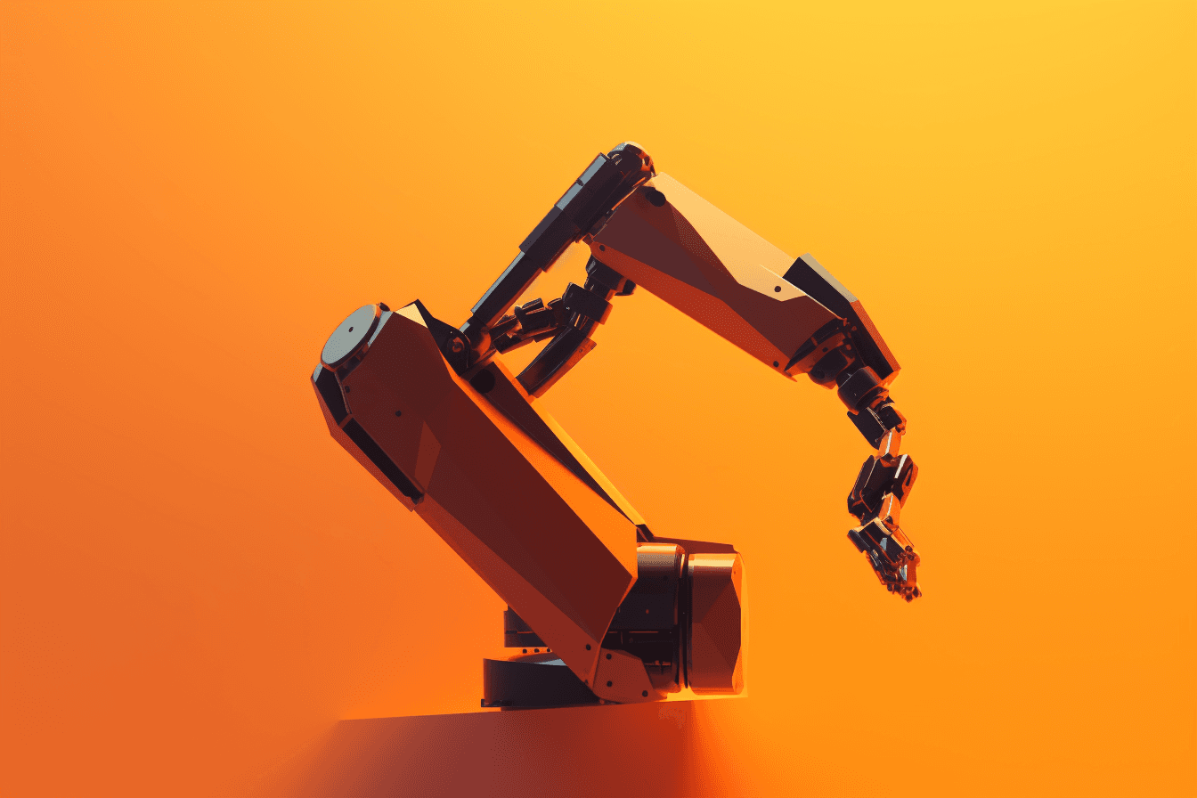 A wallpaper with a simple graphic of a robot arm, against a gradient background of two complementary colors.