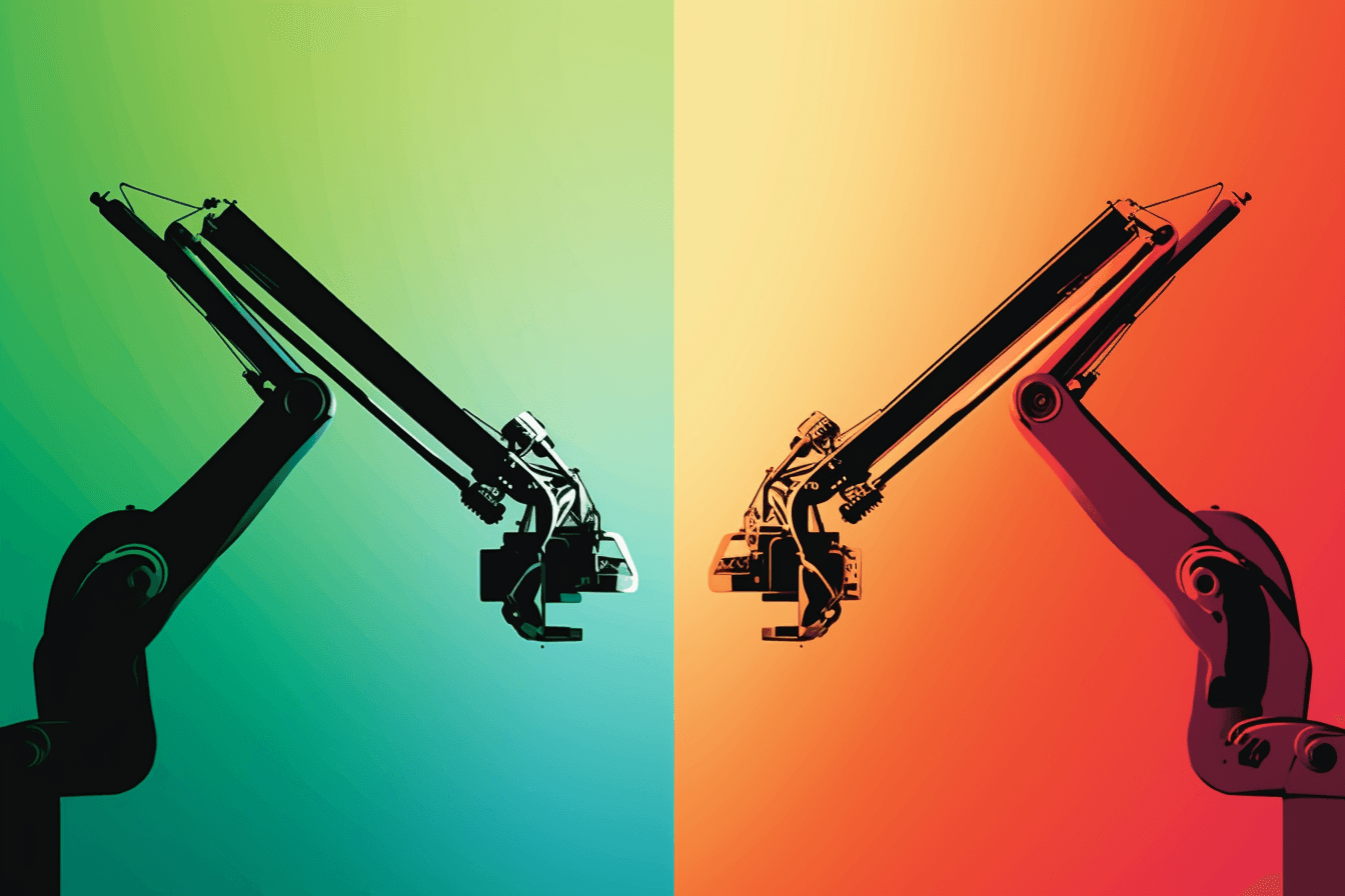 A wallpaper with a simple graphic of a robot arm, against a gradient background of two complementary colors.