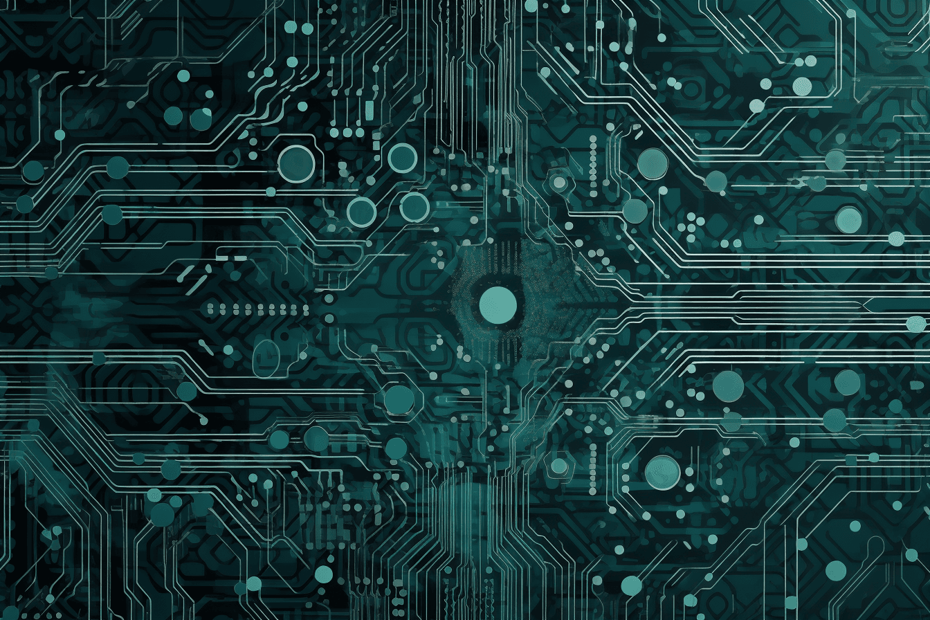 A wallpaper with a simple graphic of an abstract circuit board, in shades of blue and green.