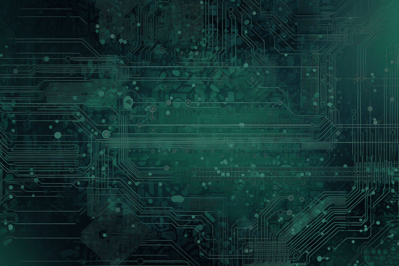 A wallpaper with a simple graphic of an abstract circuit board, in shades of blue and green.