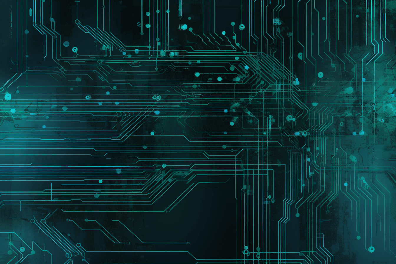 A wallpaper with a simple graphic of an abstract circuit board, in shades of blue and green.