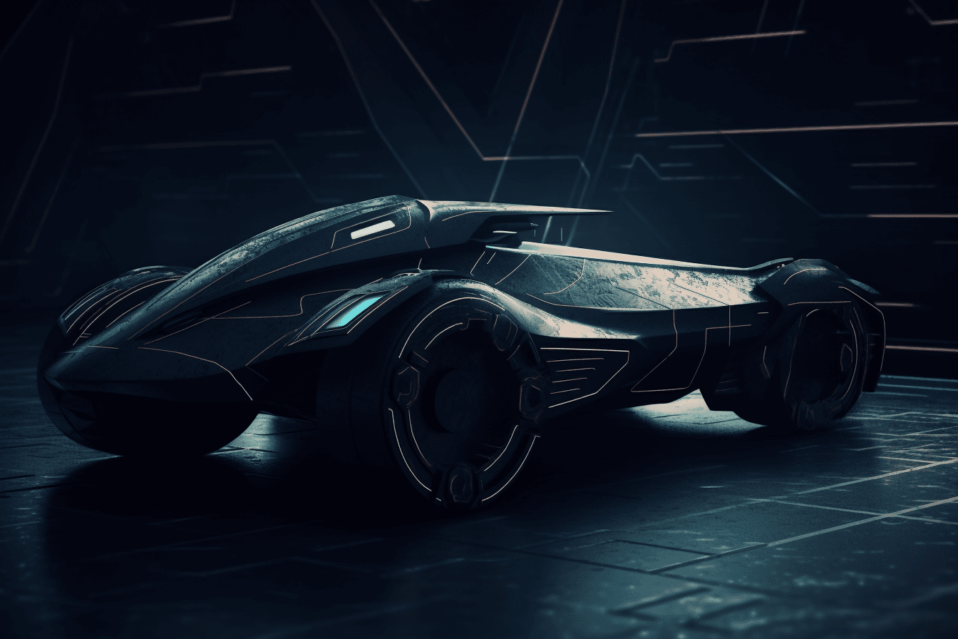 A wallpaper with a simple illustration of a futuristic vehicle, with metallic textures and a dark and moody color scheme.