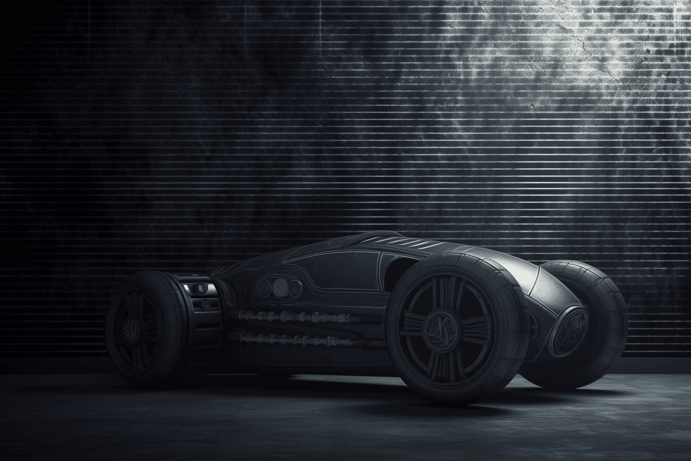 A wallpaper with a simple illustration of a futuristic vehicle, with metallic textures and a dark and moody color scheme.