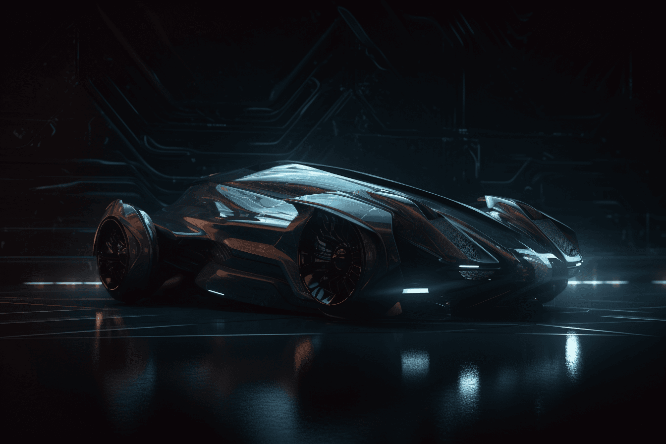 A wallpaper with a simple illustration of a futuristic vehicle, with metallic textures and a dark and moody color scheme.