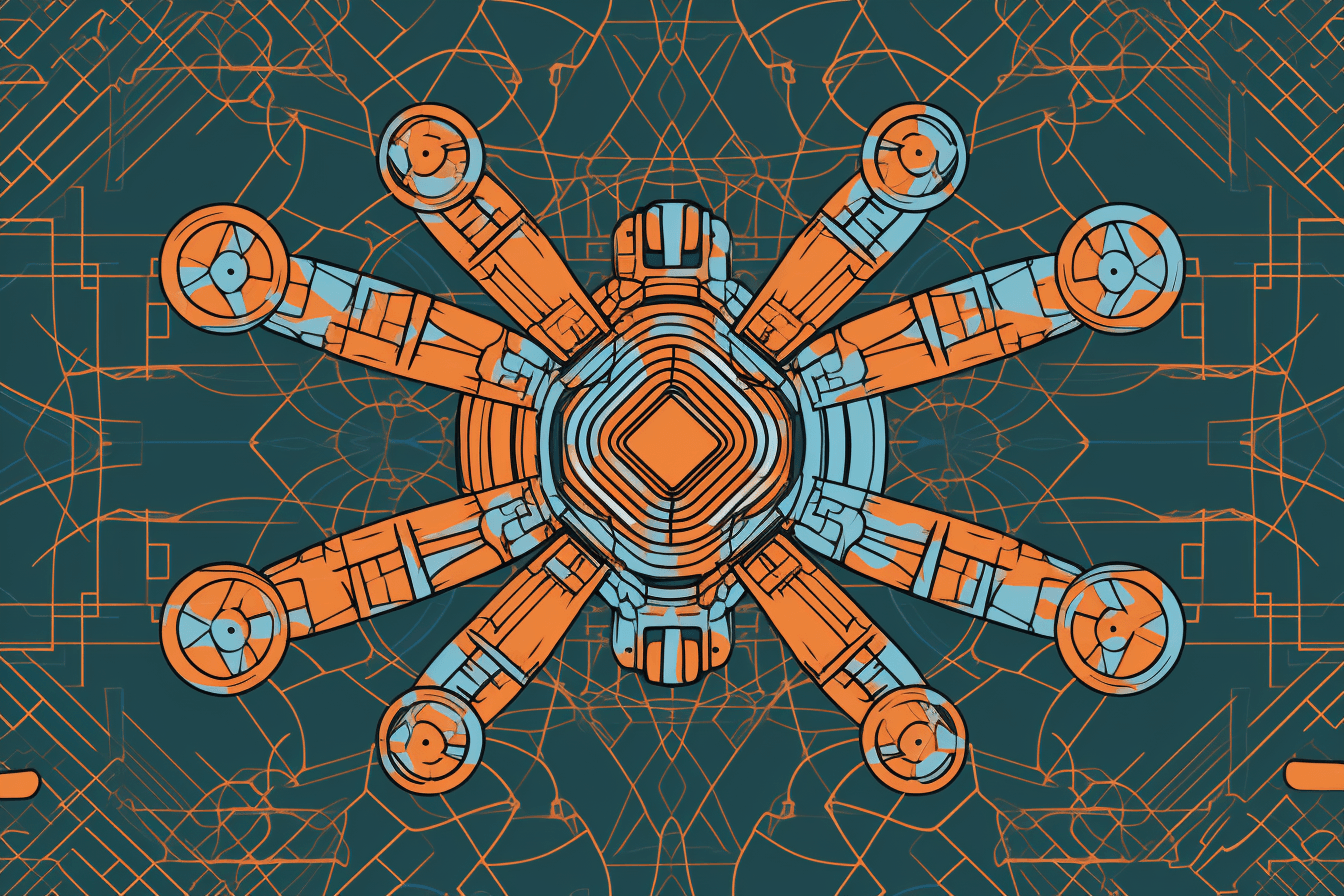 A wallpaper with a single line drawing of a drone, against a background of geometric shapes in complementary colors.