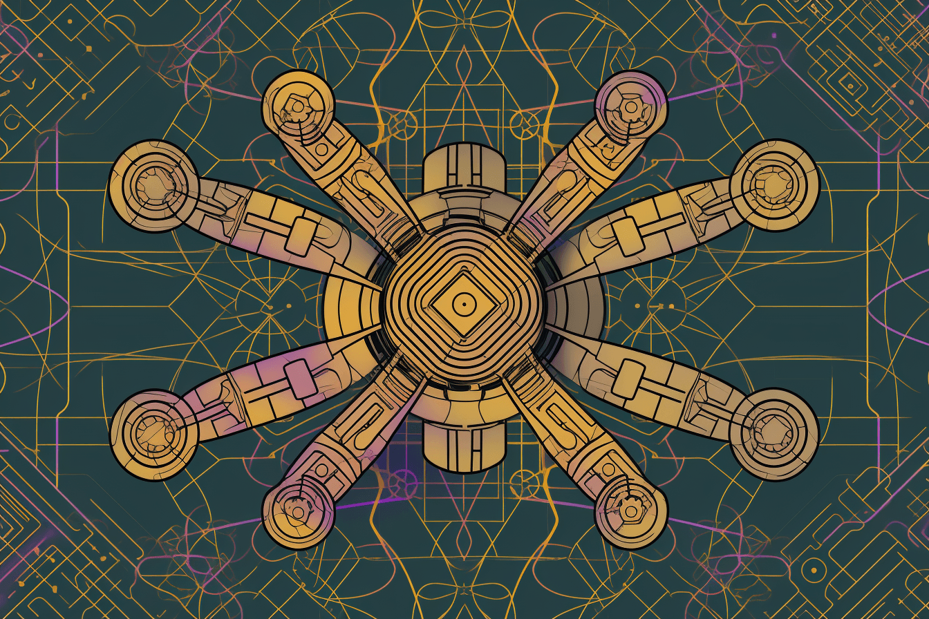 A wallpaper with a single line drawing of a drone, against a background of geometric shapes in complementary colors.