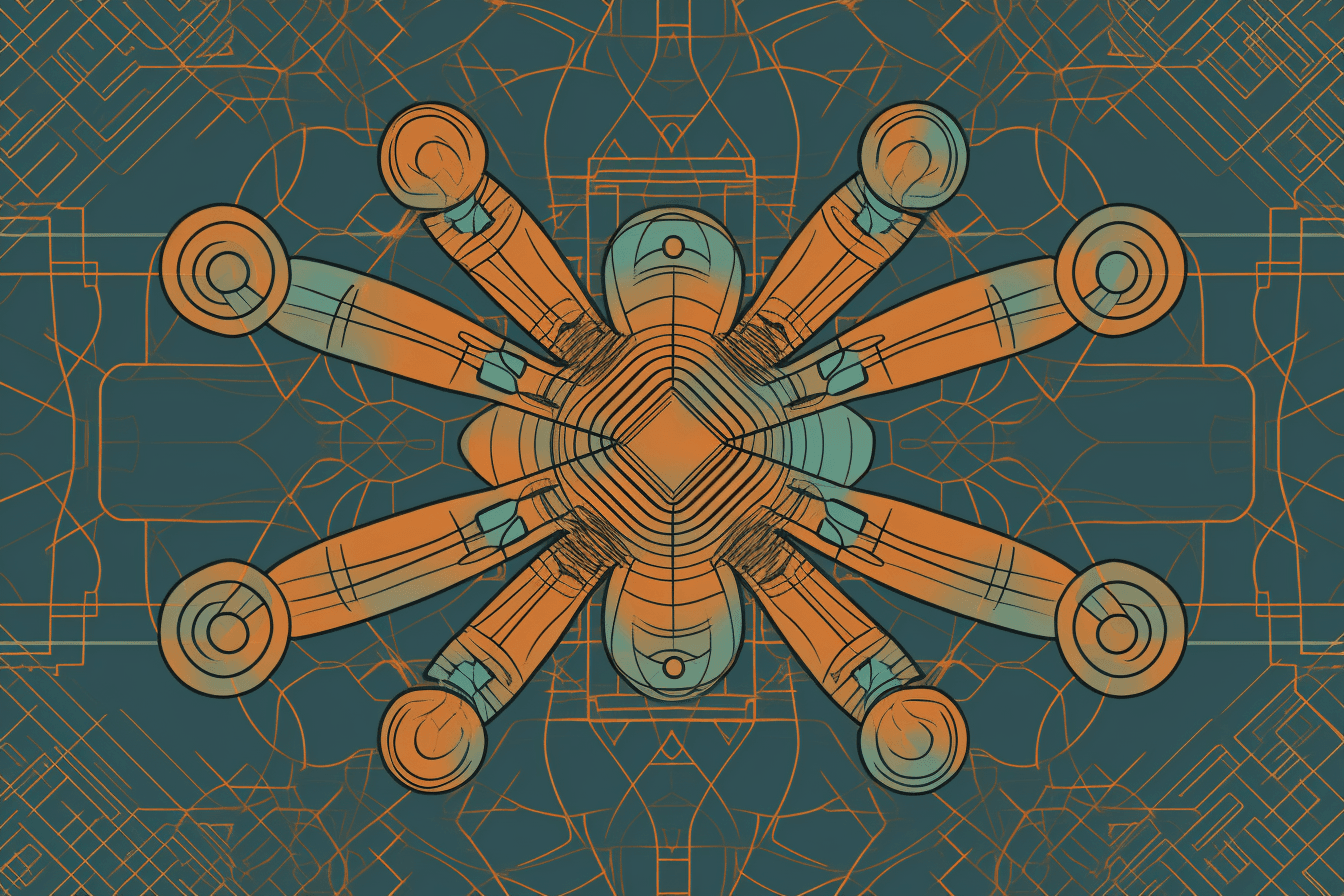 A wallpaper with a single line drawing of a drone, against a background of geometric shapes in complementary colors.