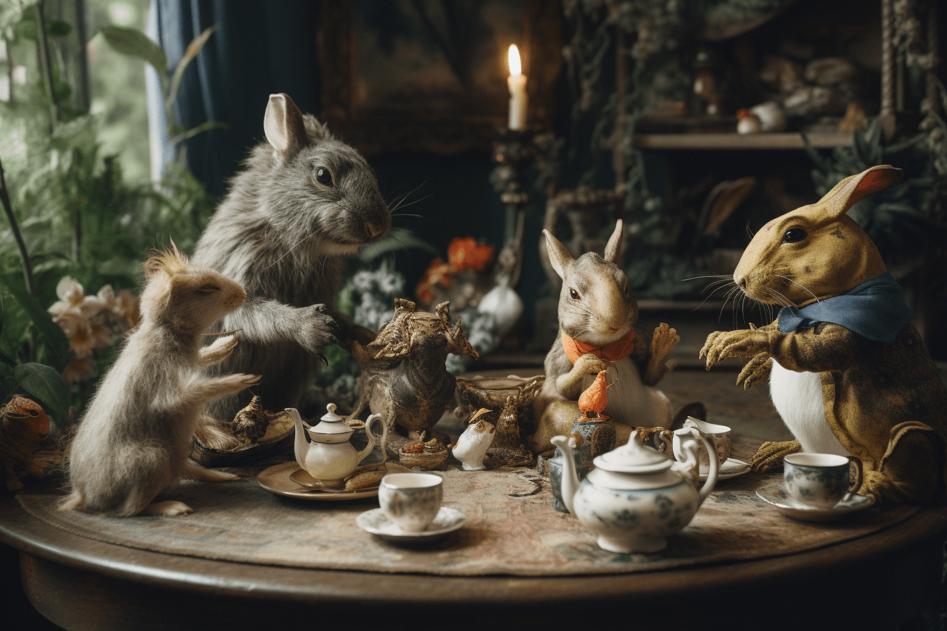 A whimsical tea party with anthropomorphic animals