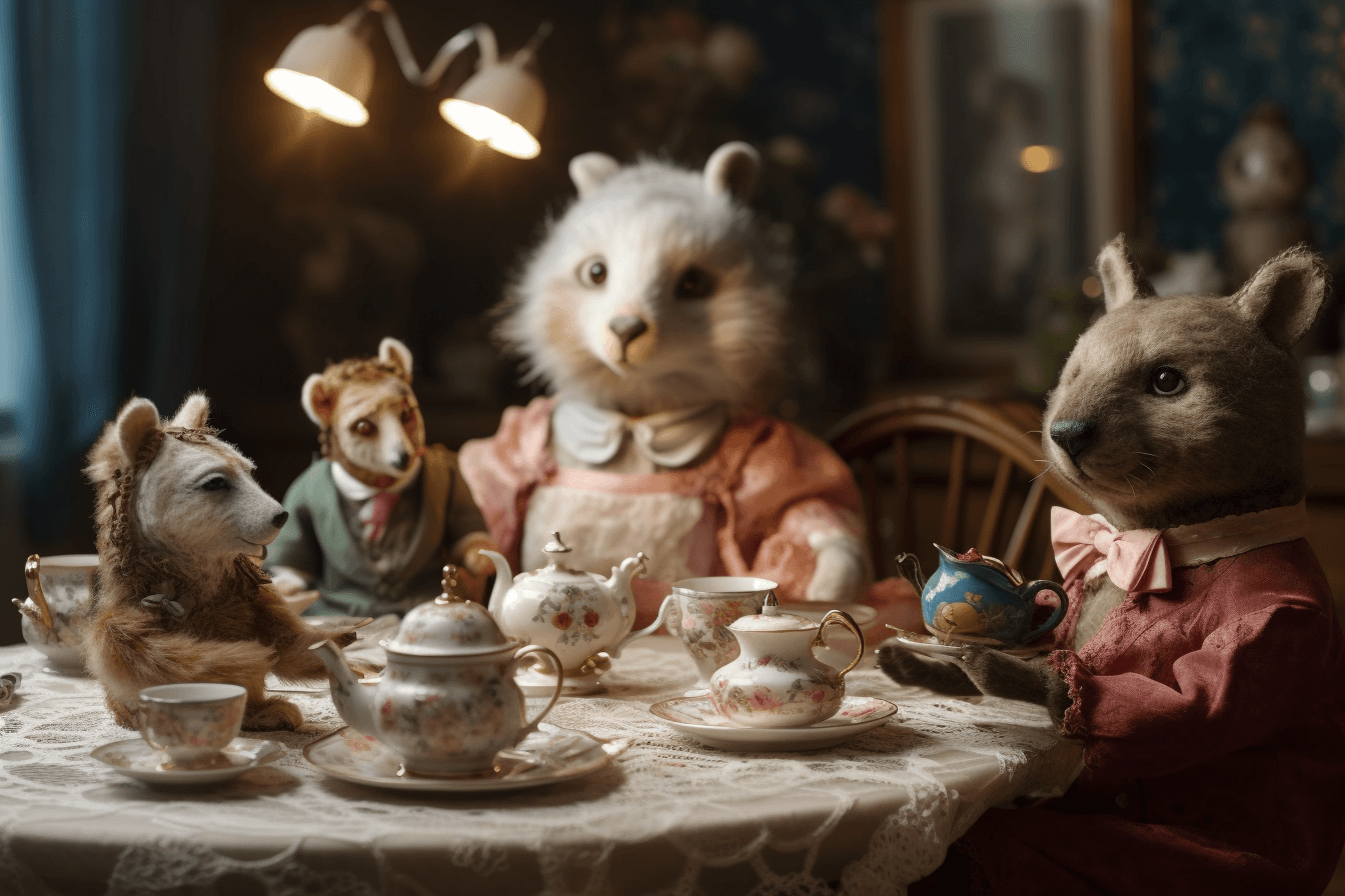 A whimsical tea party with anthropomorphic animals