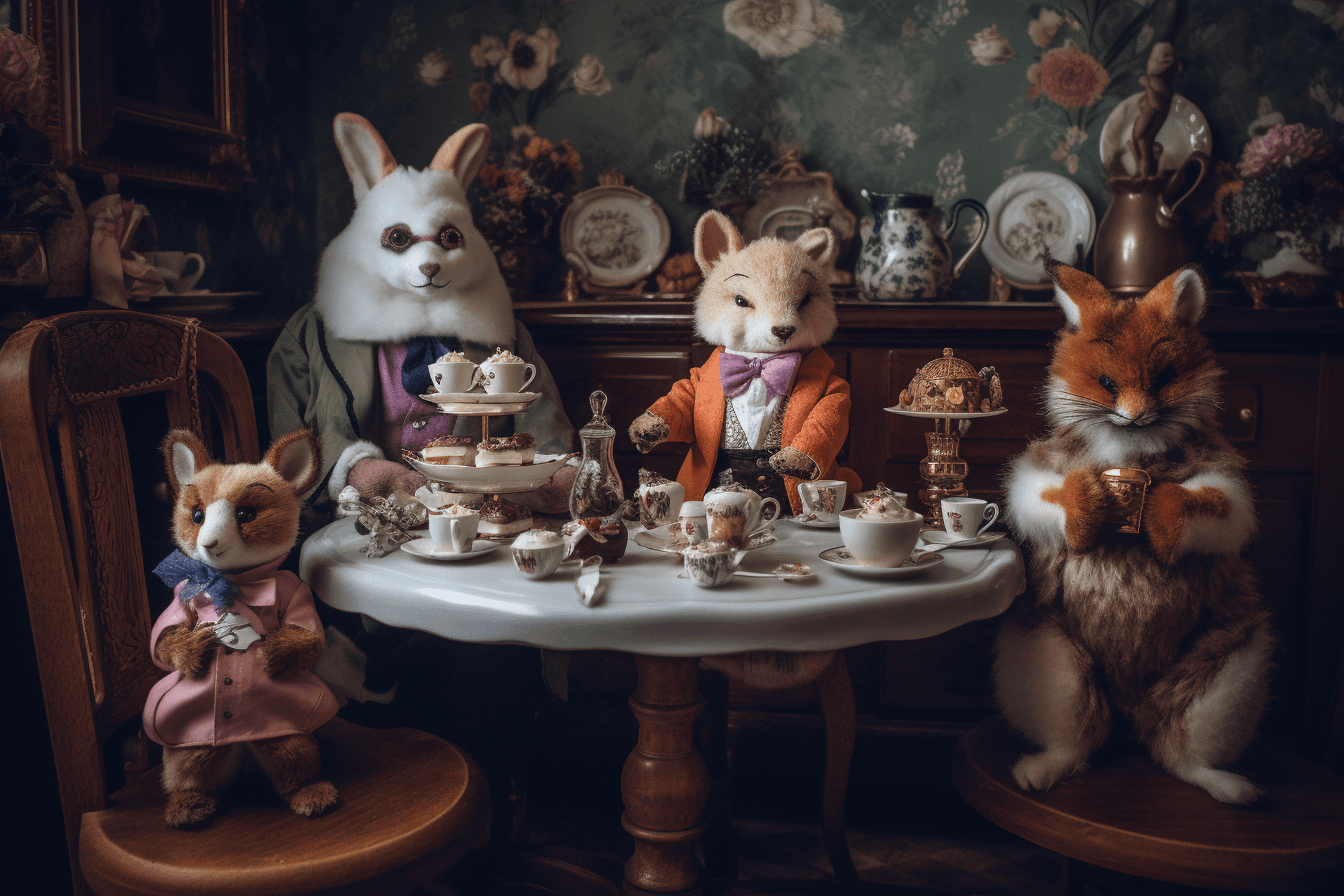 A whimsical tea party with anthropomorphic animals