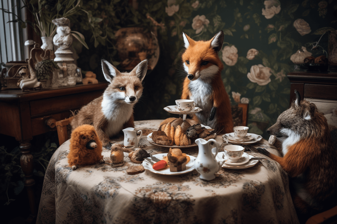 A whimsical tea party with anthropomorphic animals