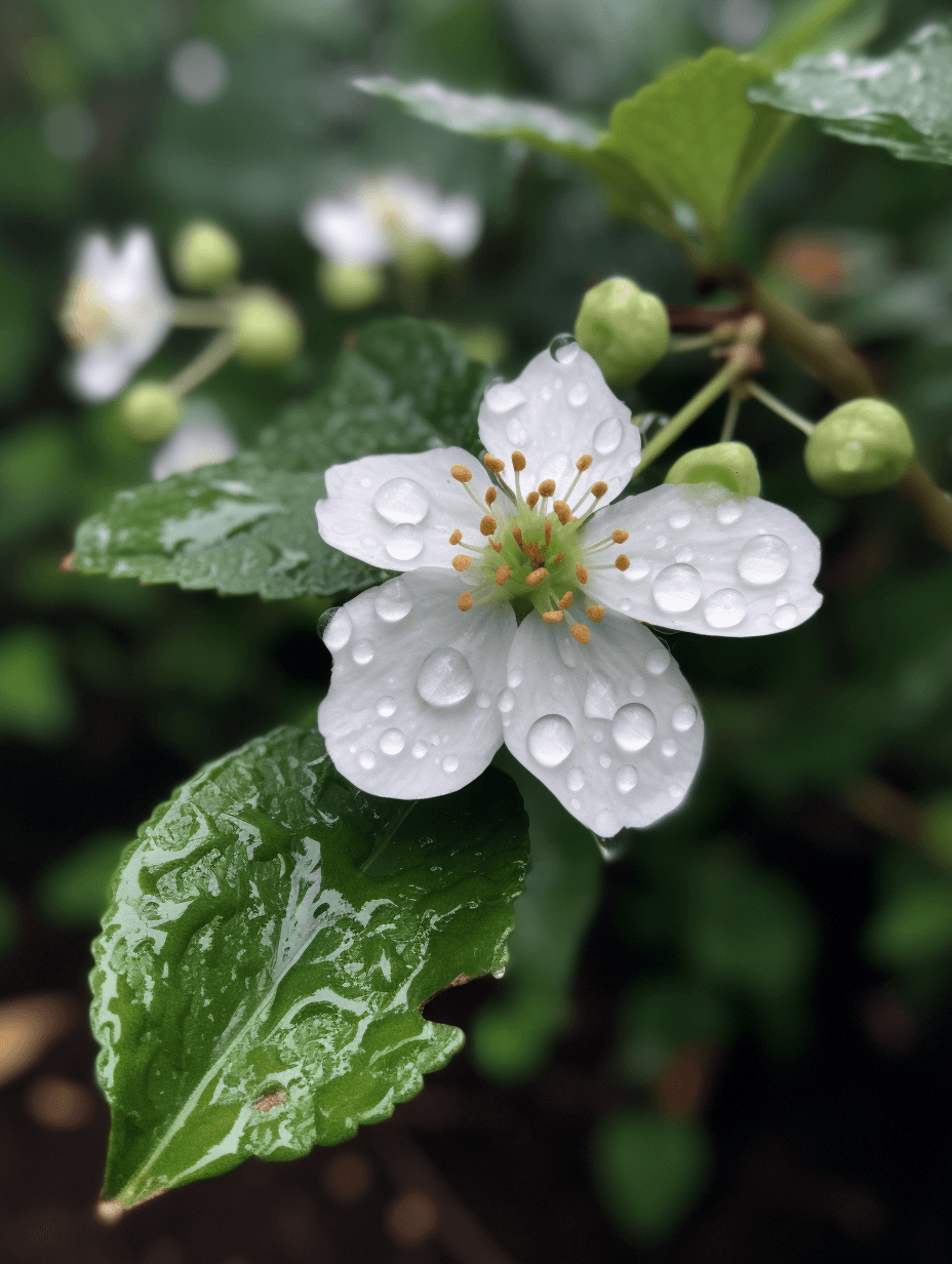 a white flower is on a green branch, in the style of berrypunk, cranberrycore, he jiaying, soggy, cottagecore, basil gogos, water drops