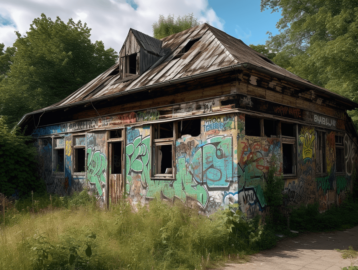 a wooden building is full of graffiti, in the style of earthworks, light green and dark gray, zeiss ikon zm, rusty debris, elfriede lohse-wächtler, emphasis on nature, urban interventions