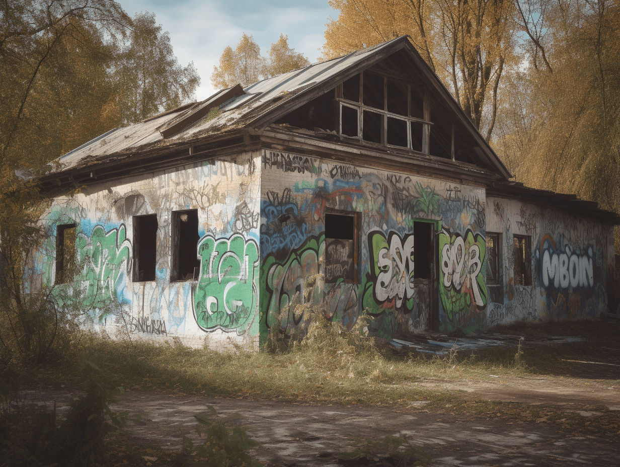 a wooden building is full of graffiti, in the style of earthworks, light green and dark gray, zeiss ikon zm, rusty debris, elfriede lohse-wächtler, emphasis on nature, urban interventions