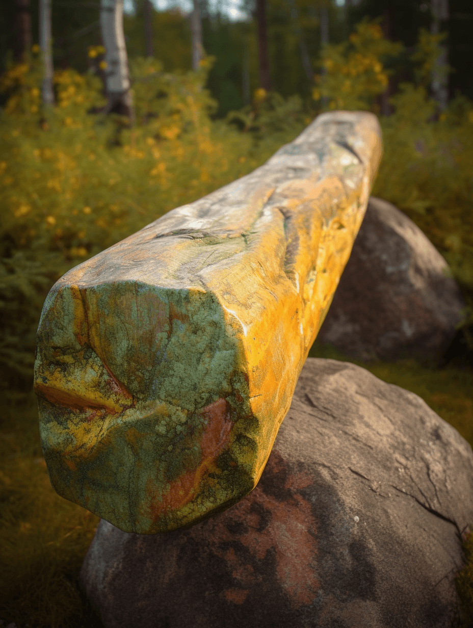 a wooden wooden beam in the shape of an arm, in the style of outdoor art, light green and amber, 20th century scandinavian style, contemporary diy, wide angle lens, recycled, stone