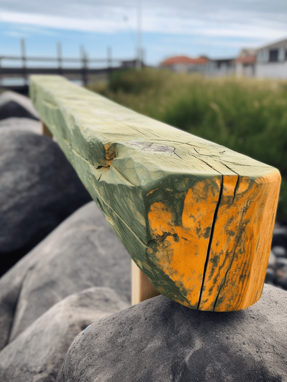 a wooden wooden beam in the shape of an arm, in the style of outdoor art, light green and amber, 20th century scandinavian style, contemporary diy, wide angle lens, recycled, stone