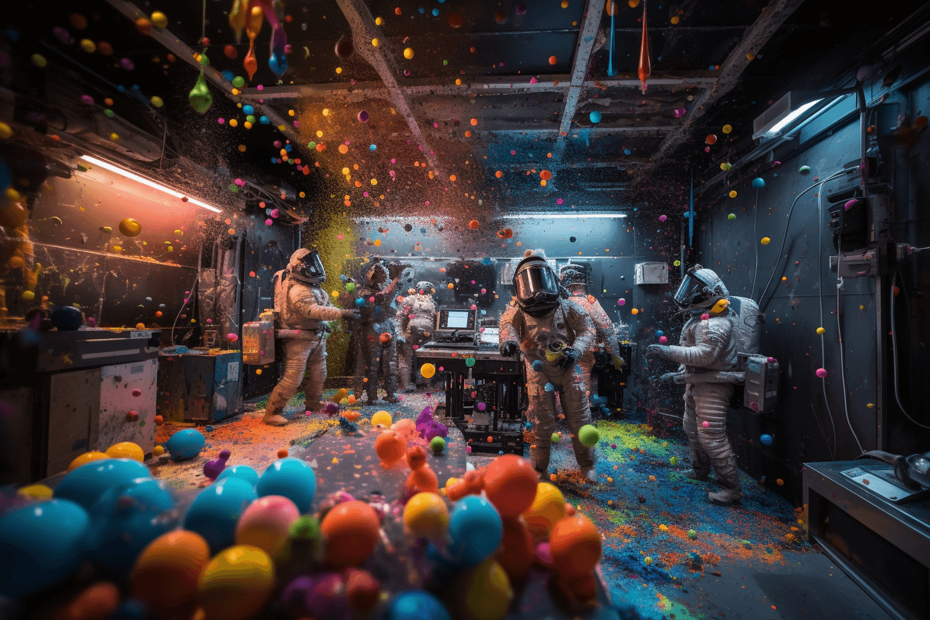 AInauts and their AI companions conducting experiments in a zero-gravity laboratory, with colorful chemicals and particles floating all around them.