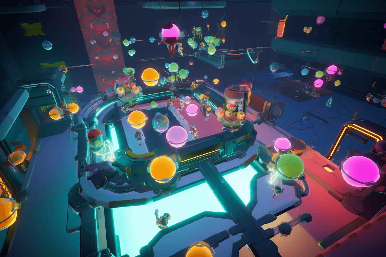 AInauts and their AI companions conducting experiments in a zero-gravity laboratory, with colorful chemicals and particles floating all around them.