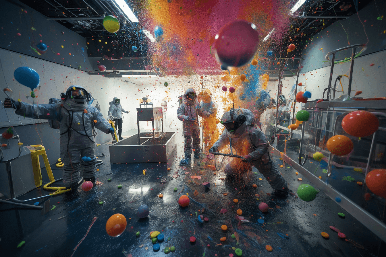 AInauts and their AI companions conducting experiments in a zero-gravity laboratory, with colorful chemicals and particles floating all around them.