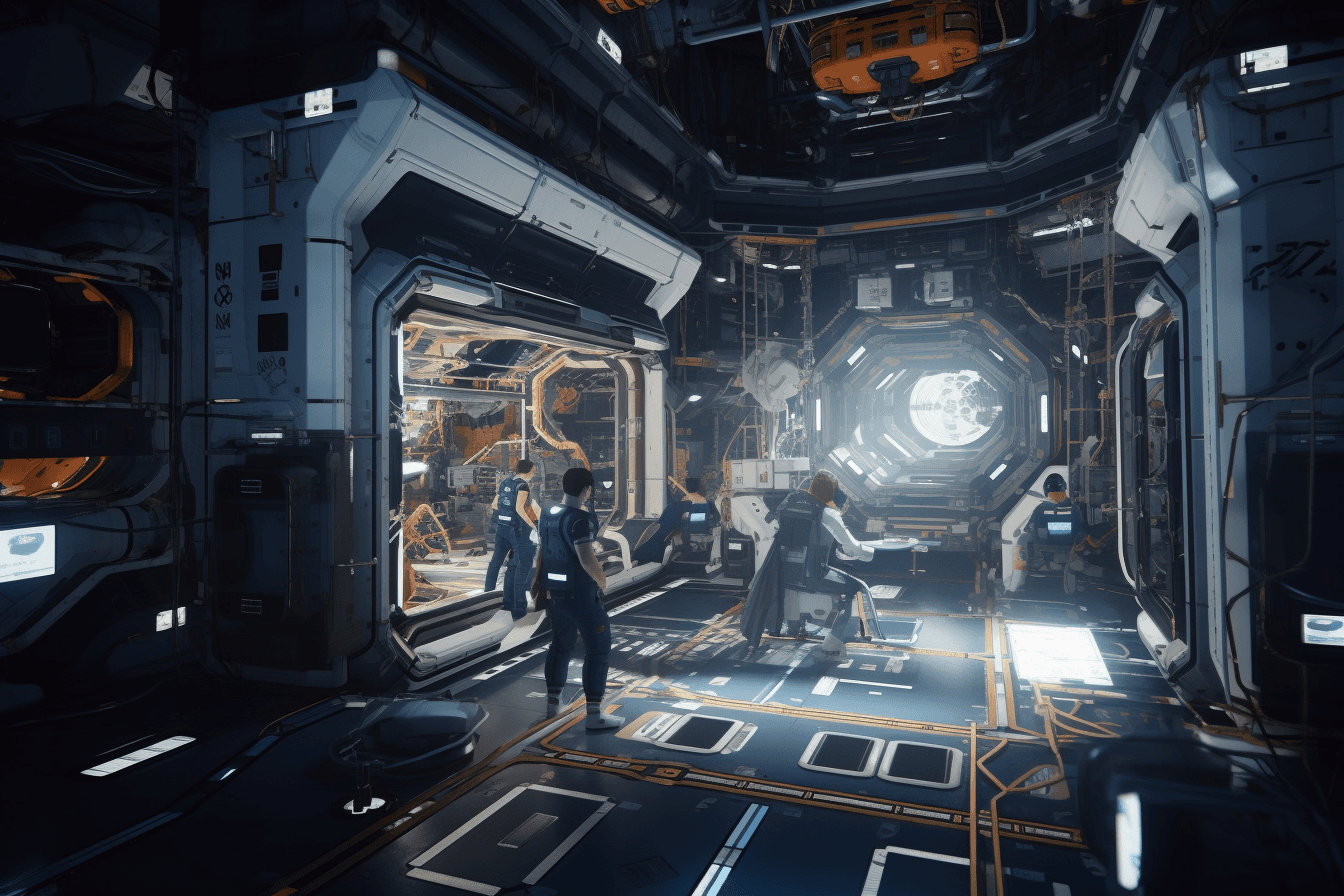 AInauts and their AI companions working together in a massive, zero-gravity space station.