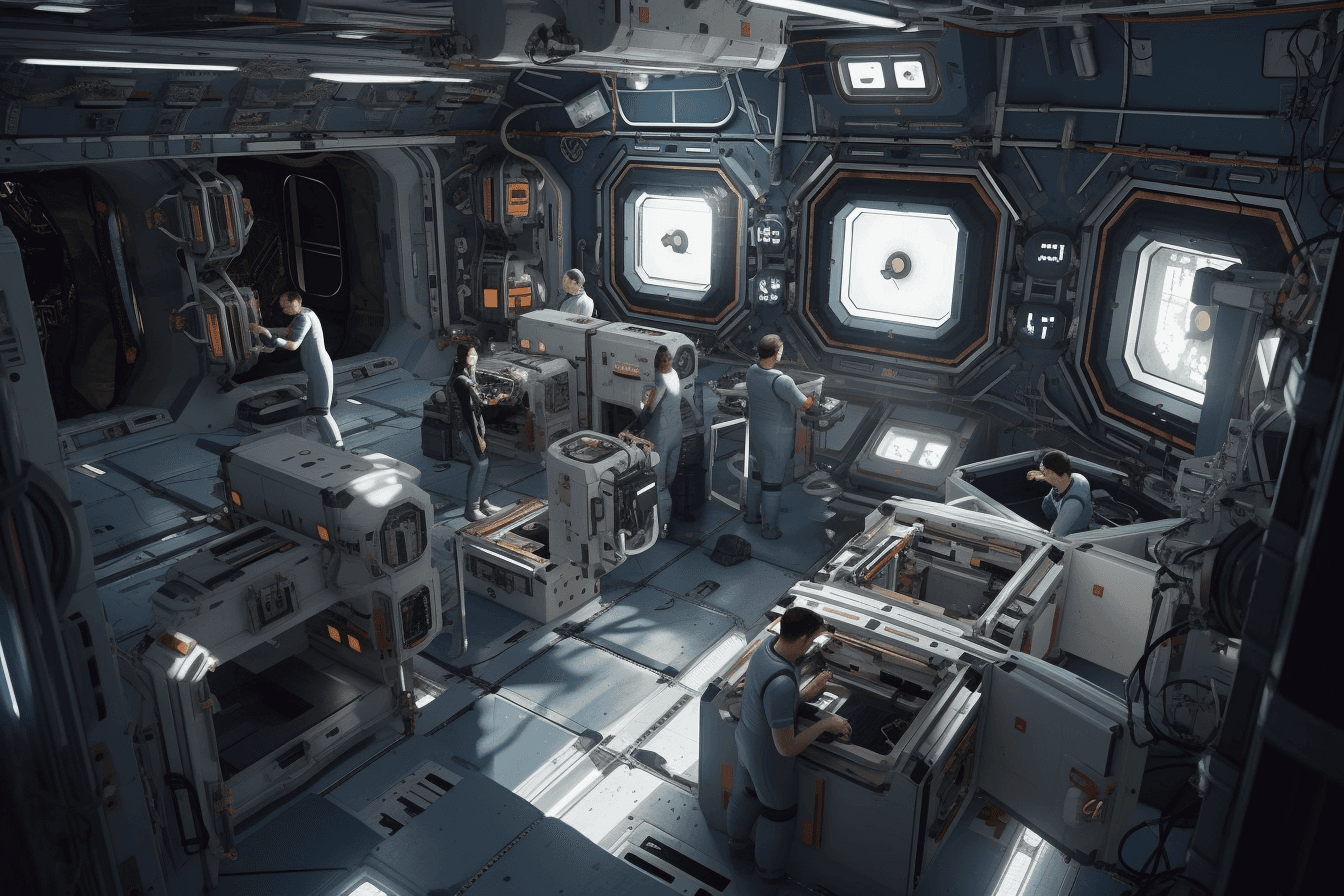 AInauts and their AI companions working together in a massive, zero-gravity space station.