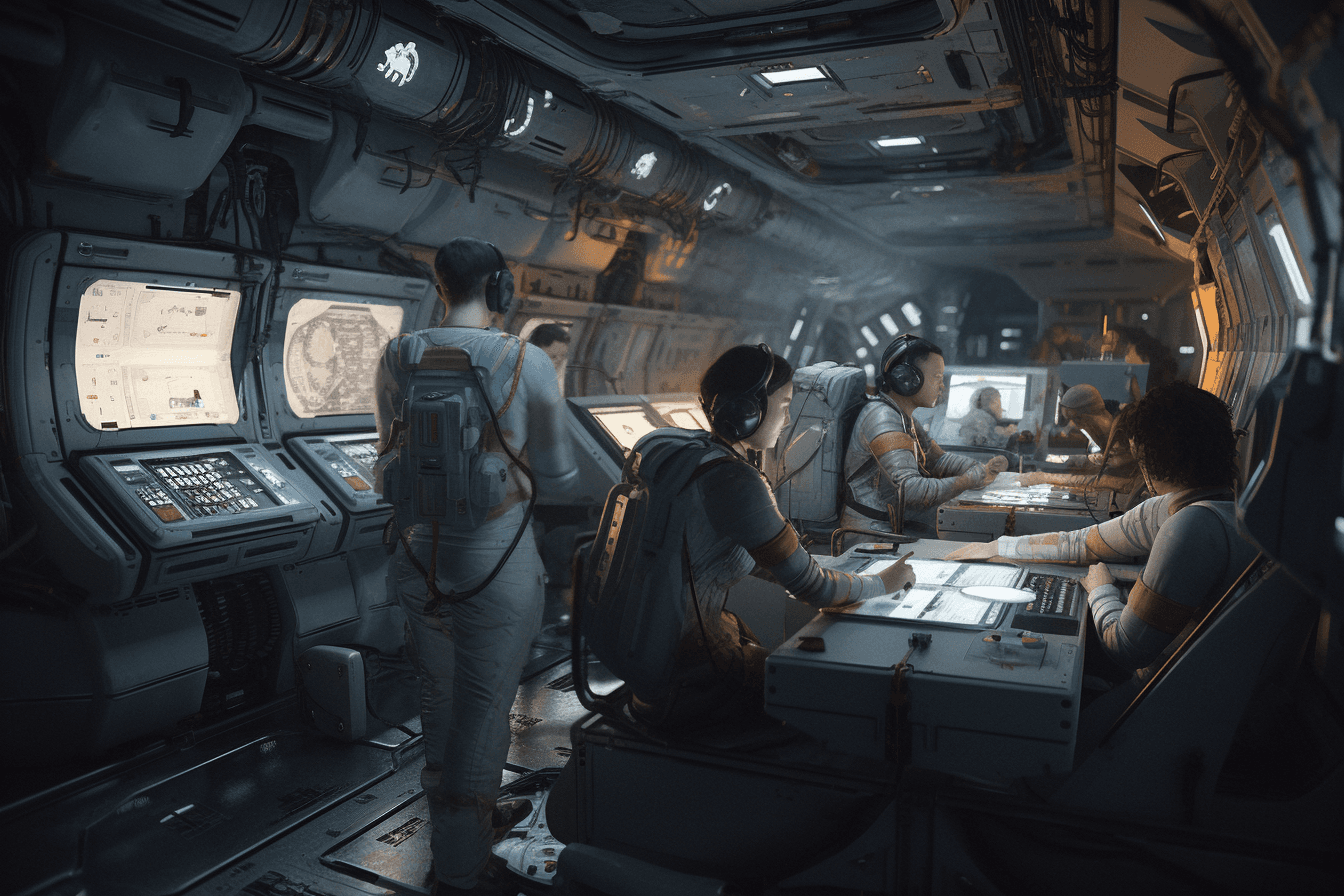 AInauts and their AI companions working together in a massive, zero-gravity space station.