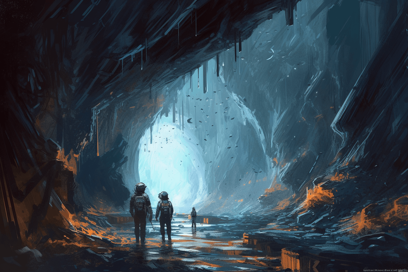 AInauts exploring a vast network of tunnels beneath the surface of a distant planet, with glowing crystals all around them.