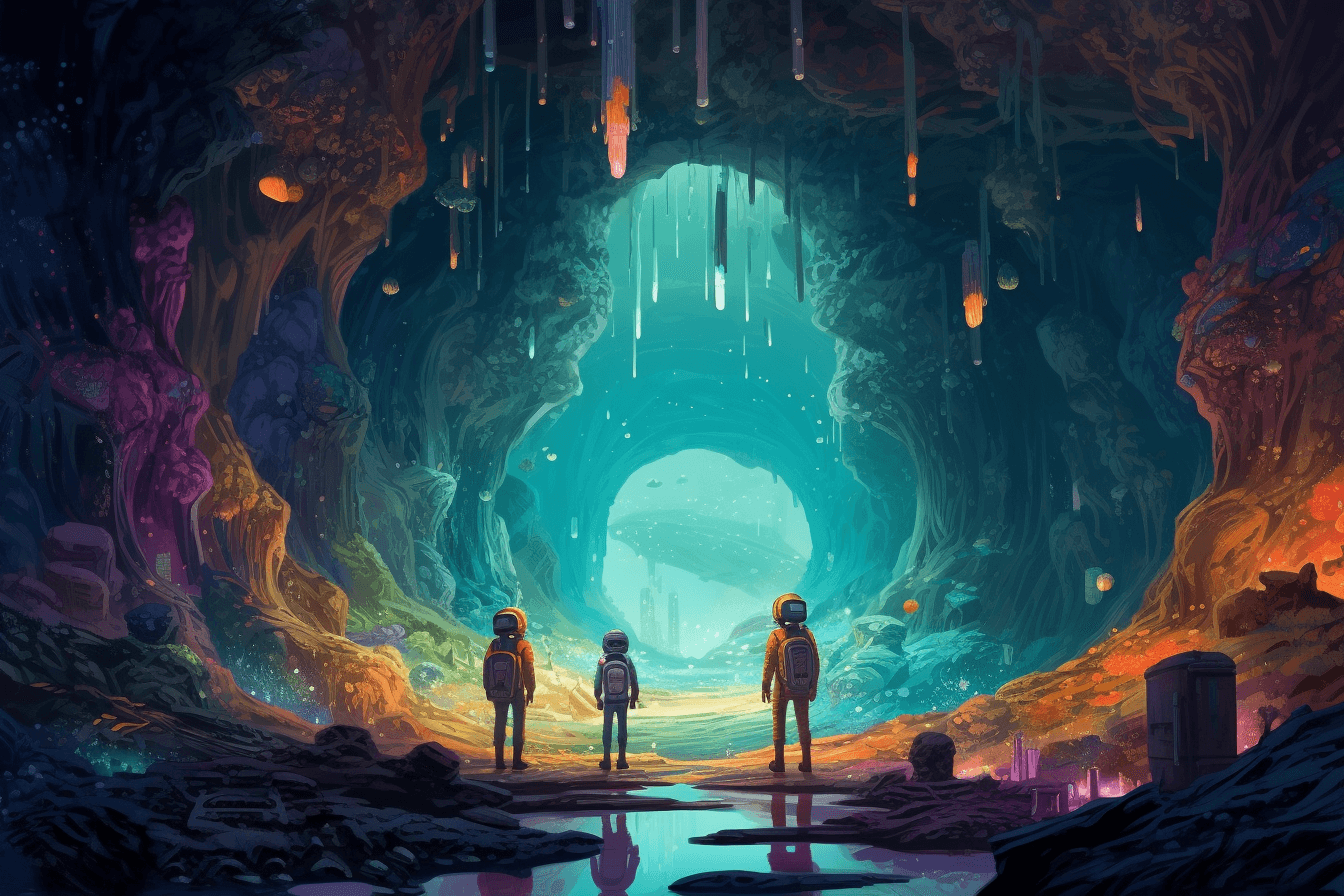 AInauts exploring a vast network of tunnels beneath the surface of a distant planet, with glowing crystals all around them.