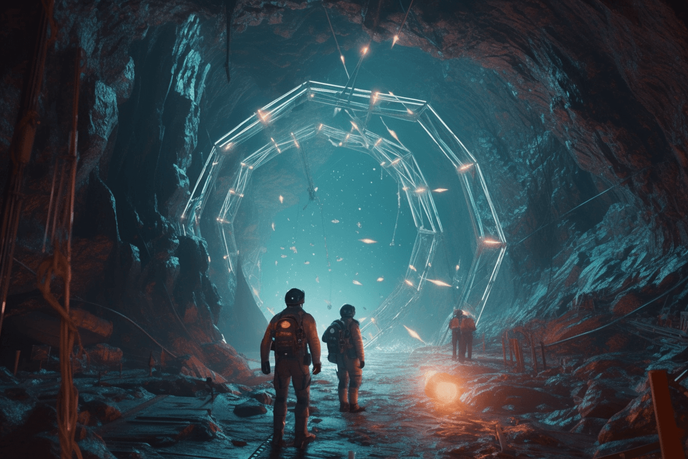 AInauts exploring a vast network of tunnels beneath the surface of a distant planet, with glowing crystals all around them.