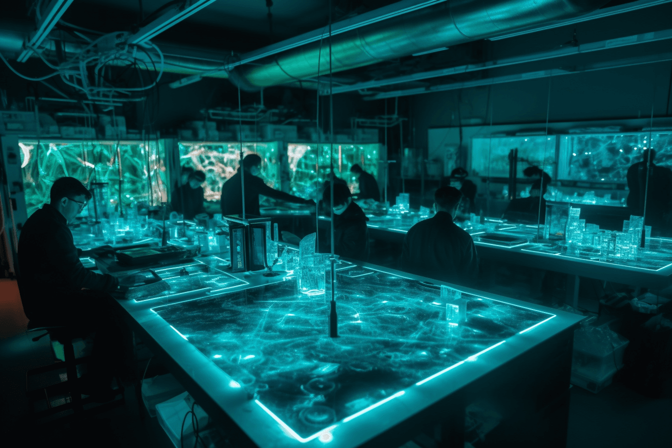 AInauts working in a massive laboratory filled with glowing equipment and holographic displays, conducting cutting-edge research.