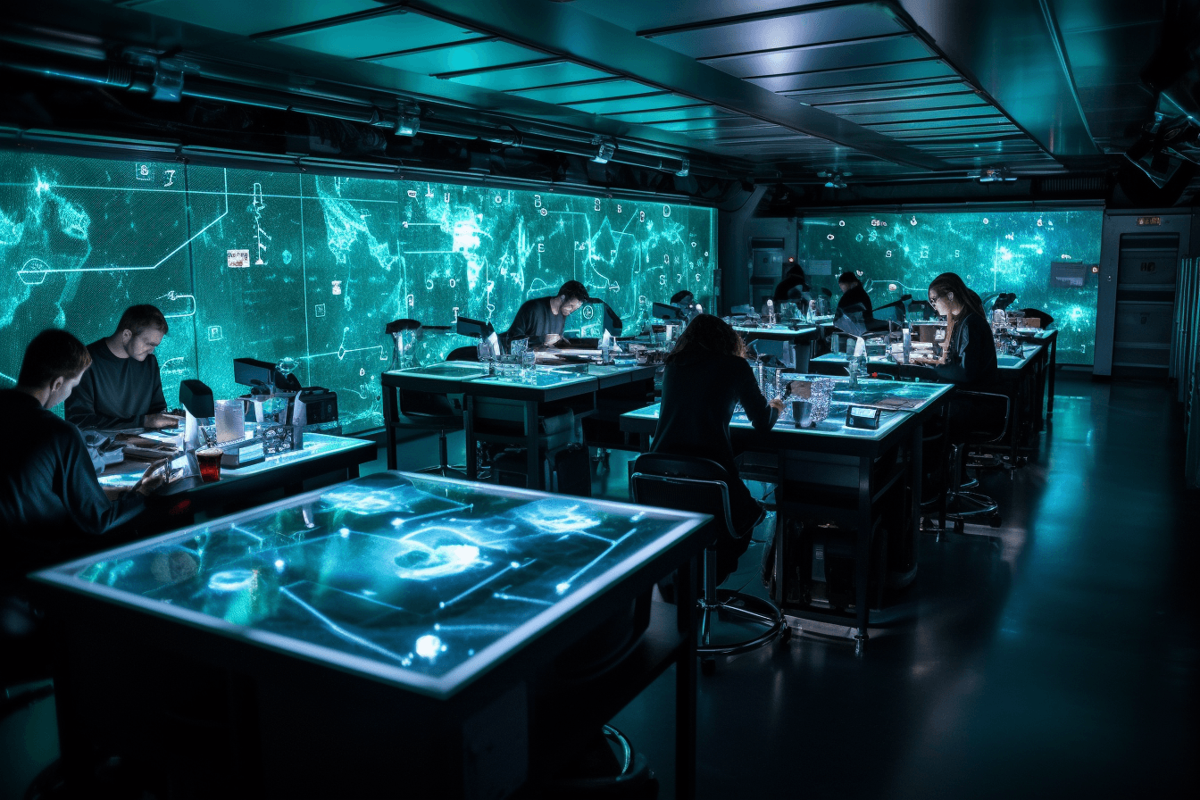 AInauts working in a massive laboratory filled with glowing equipment and holographic displays, conducting cutting-edge research.