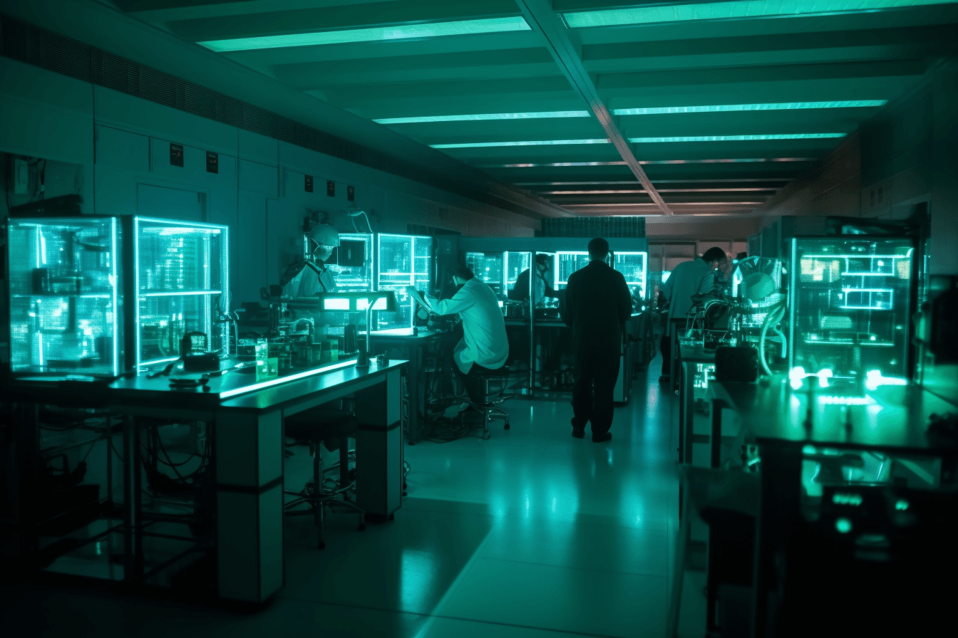 AInauts working in a massive laboratory filled with glowing equipment and holographic displays, conducting cutting-edge research.