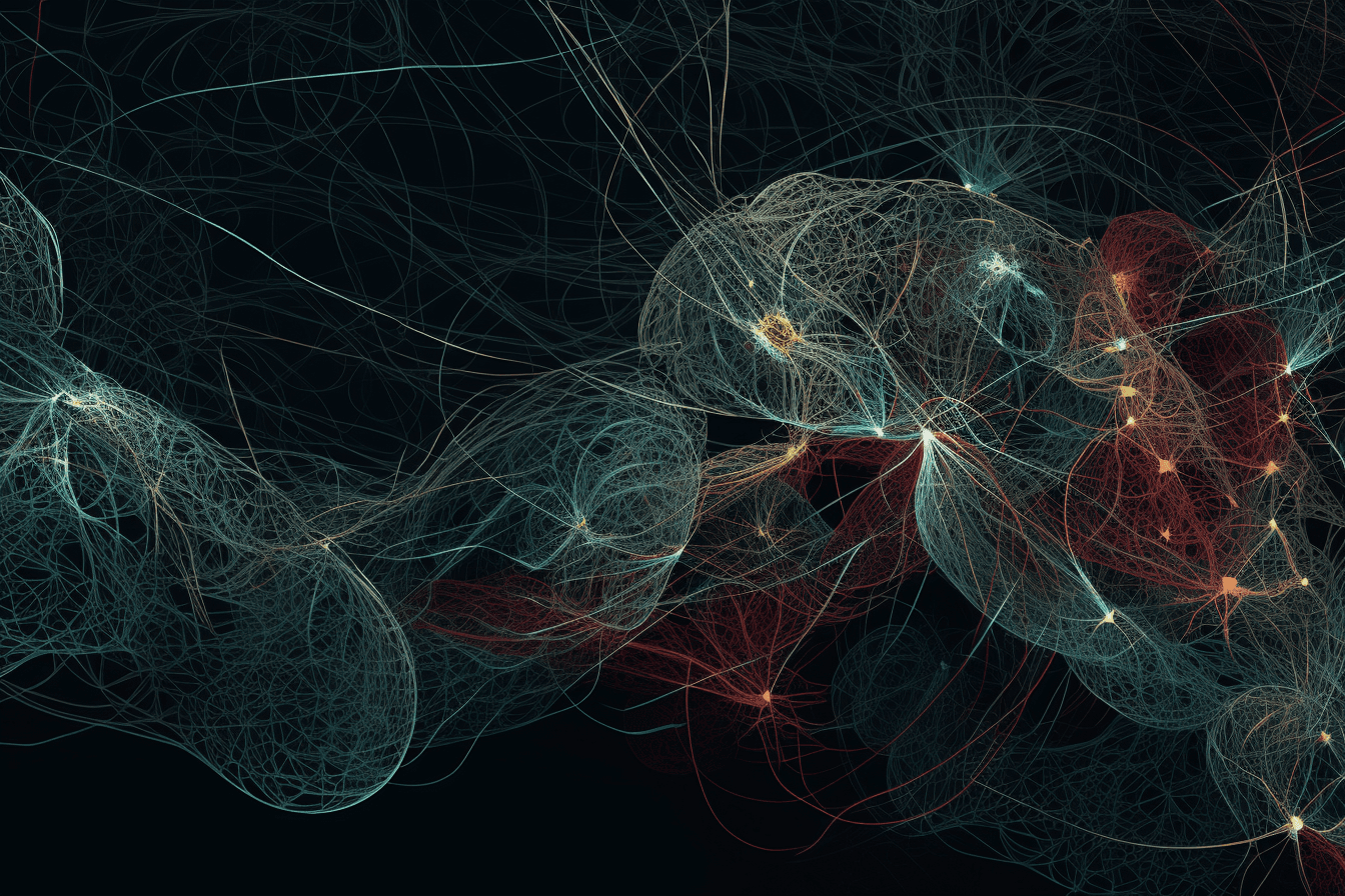 An abstract illustration of a neural network, with intricate lines and a dark and technological color palette.