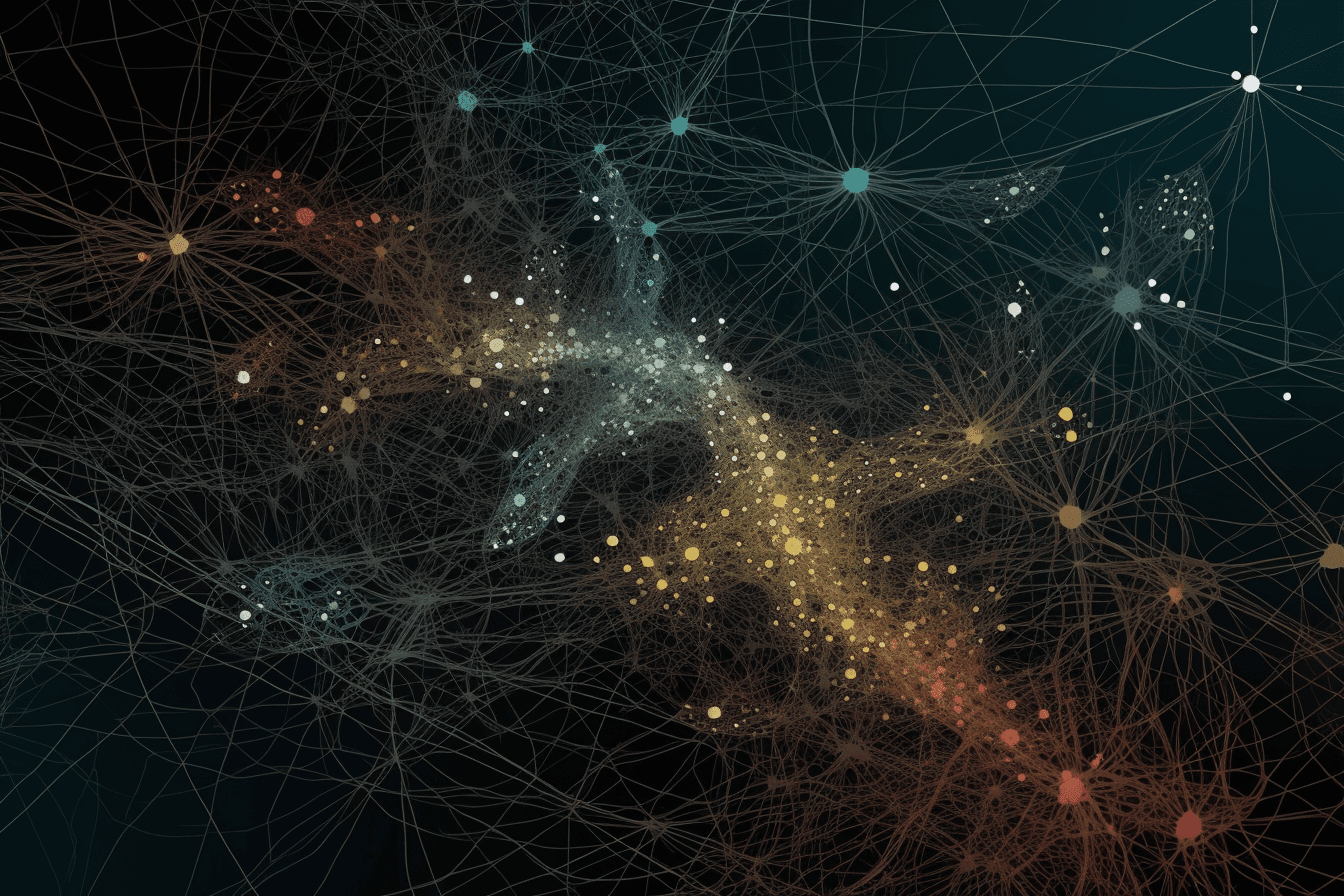 An abstract illustration of a neural network, with intricate lines and a dark and technological color palette.