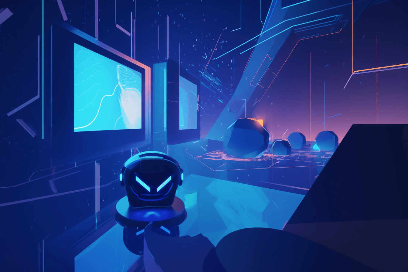 An abstract illustration of a virtual reality environment, with futuristic graphics and a minimalist color scheme.