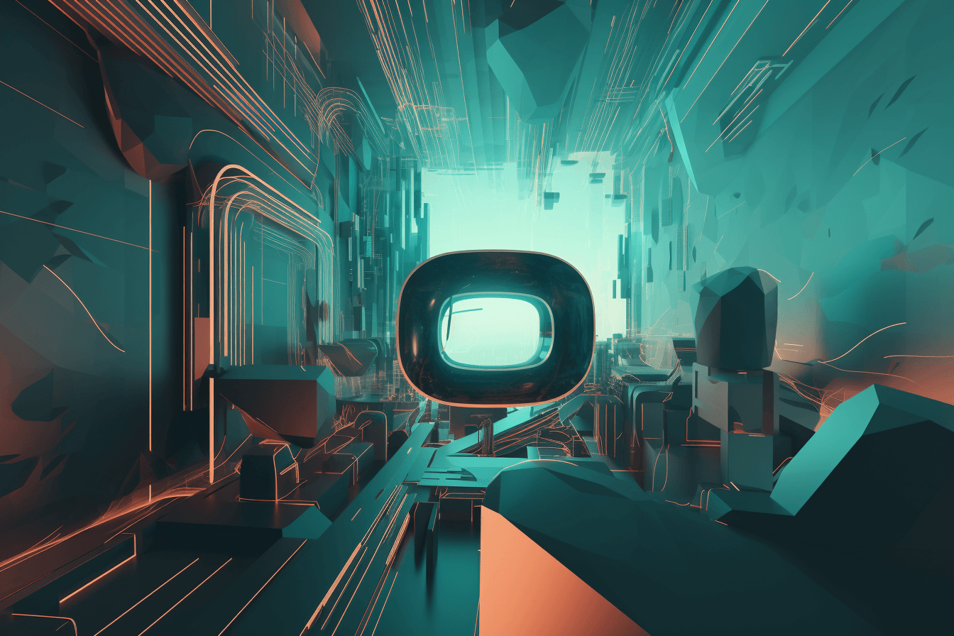 An abstract illustration of a virtual reality environment, with futuristic graphics and a minimalist color scheme.