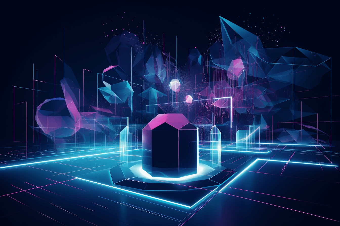 An abstract illustration of a virtual reality environment, with futuristic graphics and a minimalist color scheme.