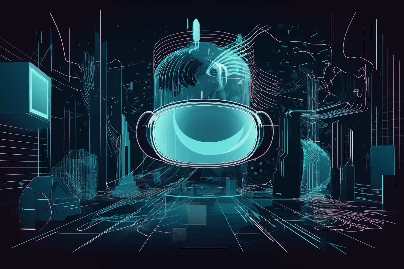 An abstract illustration of a virtual reality environment, with futuristic graphics and a minimalist color scheme.