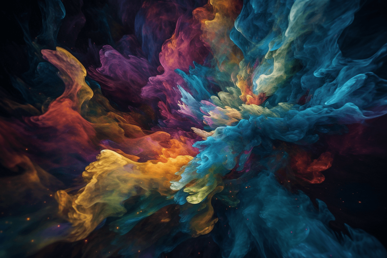 An abstract image of a galaxy cluster, with swirling colors and patterns representing the vastness of space.